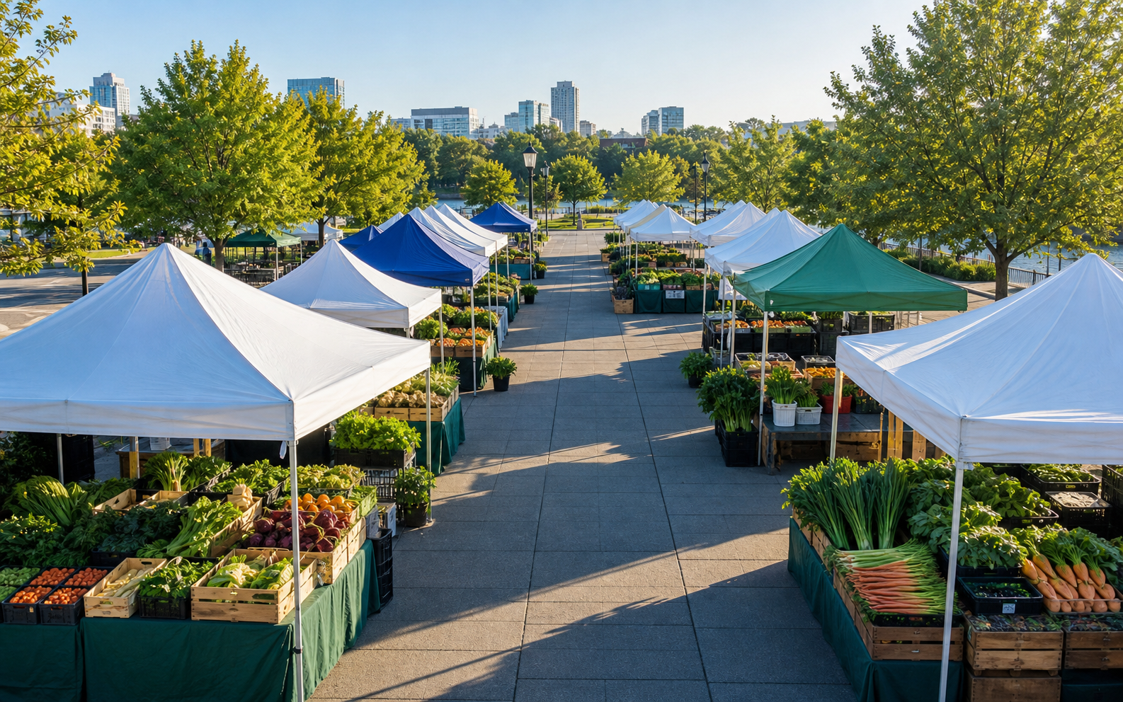 Market vendors preparing outdoor stalls