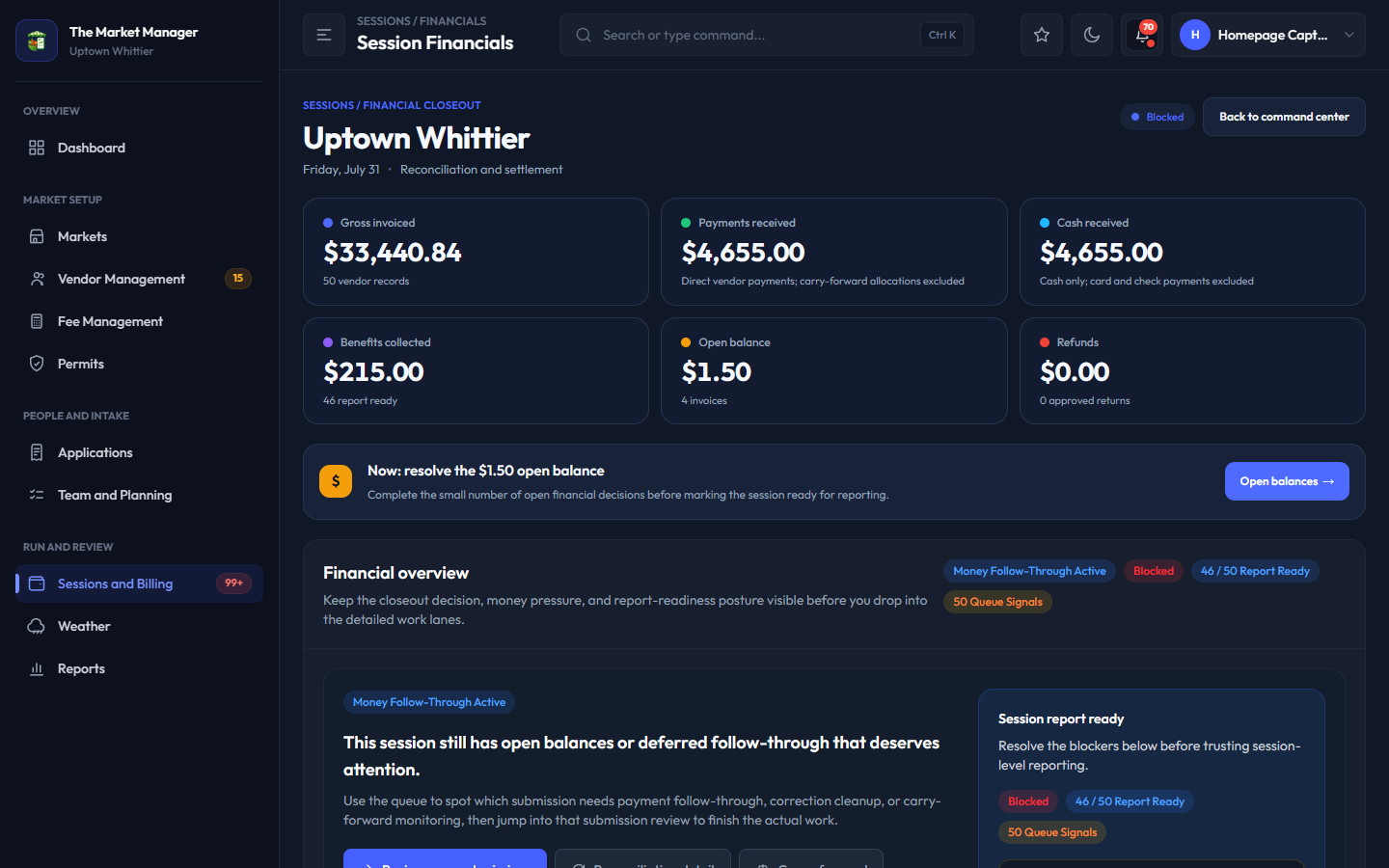 Vendor financial closeout workspace showing payments, benefits, report readiness, open balances, and billing follow-through
